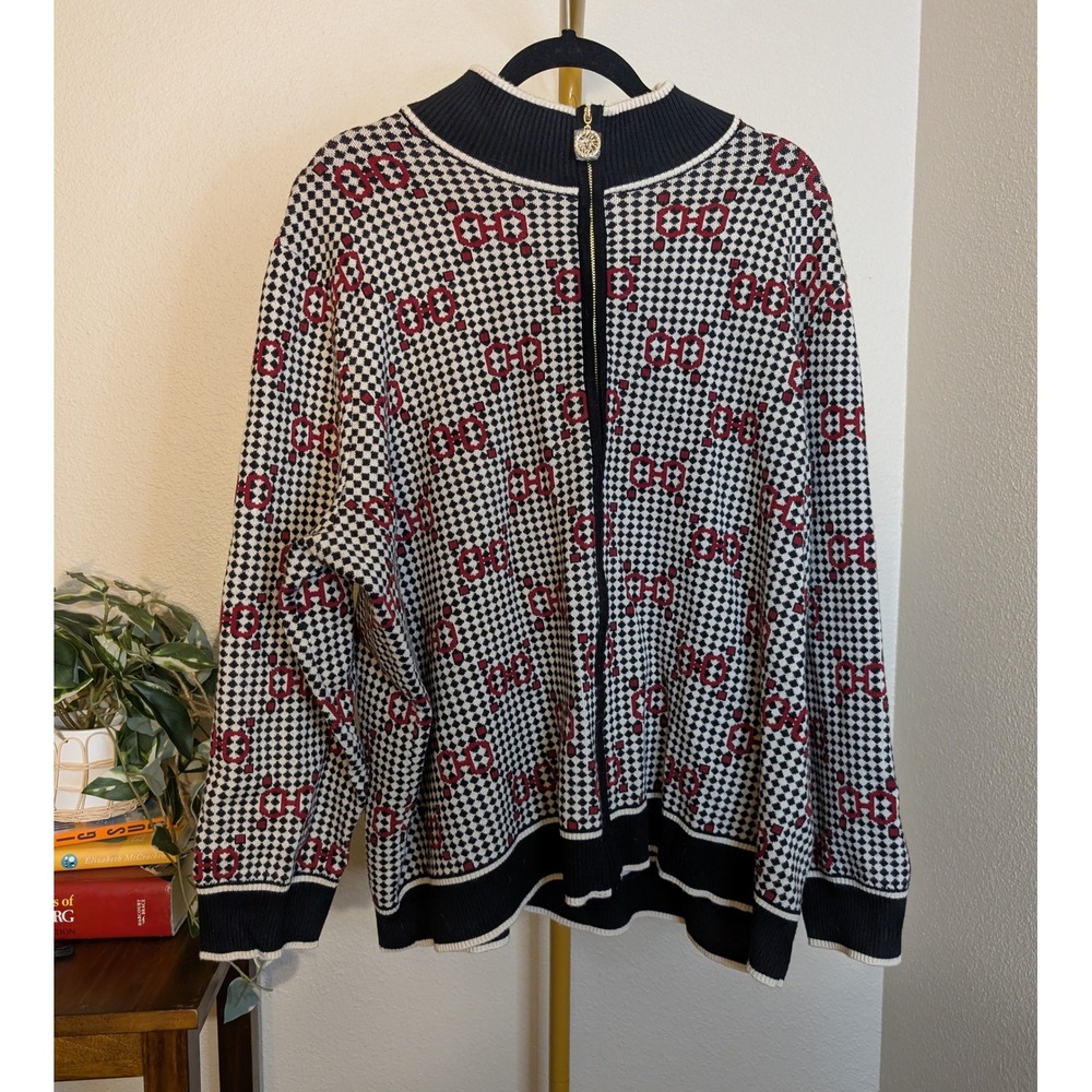 Anne Klein Jacquard Zip Cardigan Sweater NEW 3X Plus Geometric Equestrian Classy